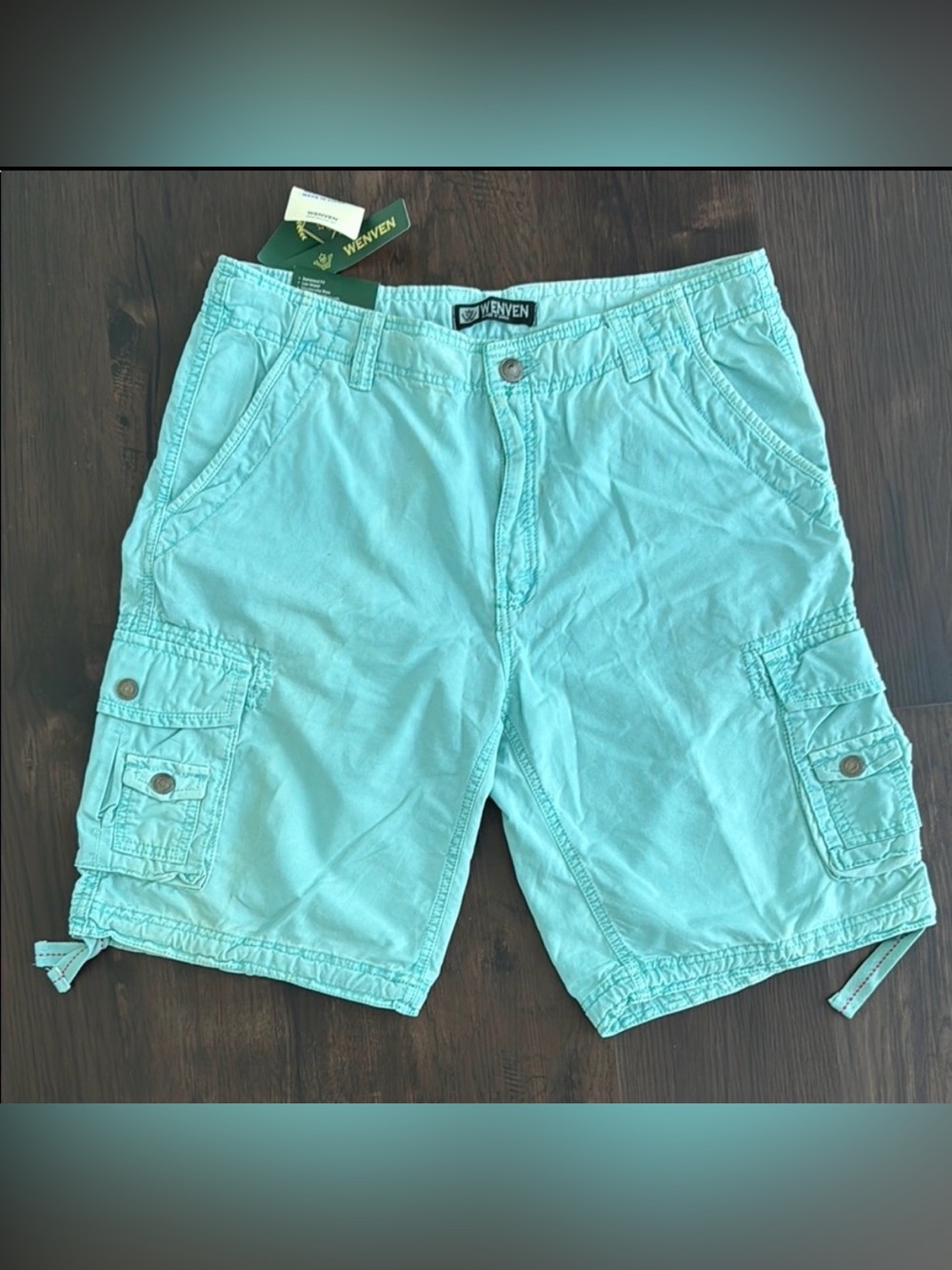 WENVEN MENS CARGO SHORTS 100% COTTON AQUA GREEN WAIST 36 NEW WITH TAGS